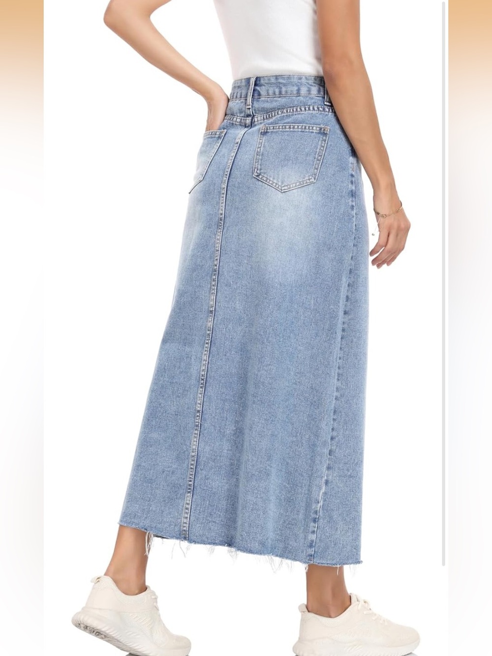 Denim Skirt Stretch High Waisted Frayed Raw Hem A Line Midi Skirt with Pockets - Picture 5 of 7